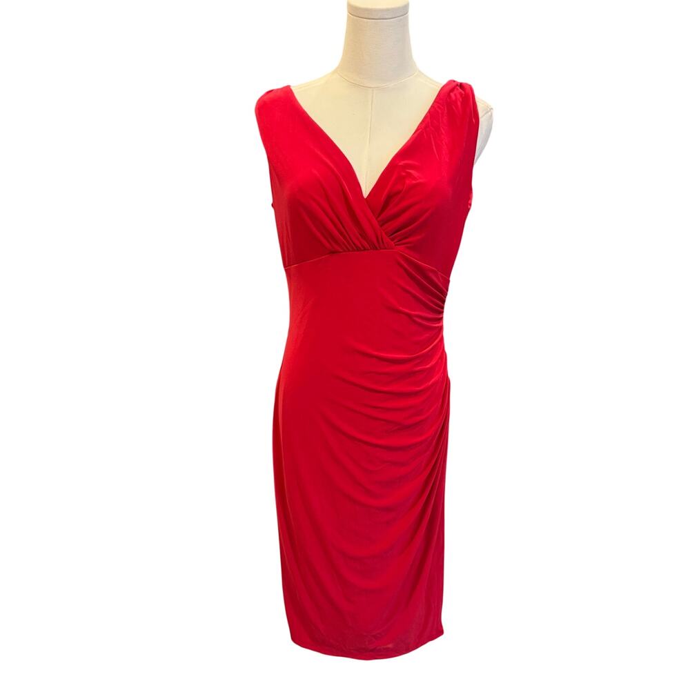 Lauren Ralph Lauren Red Ruched Cocktail Dress Size 10 Stretch V-Neck